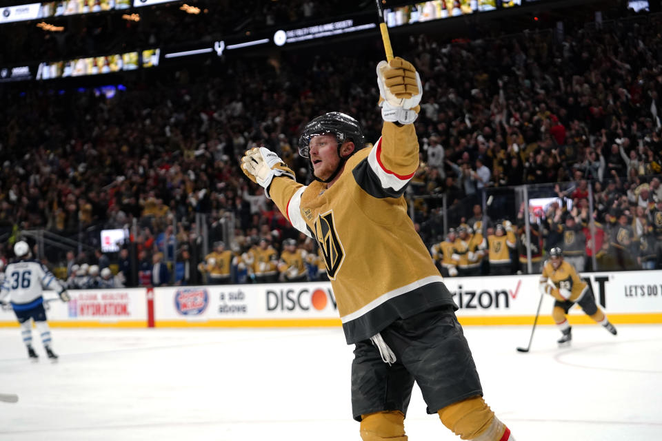 Vegas Golden Knights center Jack Eichel celebrates his goal against the Winnipeg Jets during the second period of Game 2 of an NHL hockey Stanley Cup first-round playoff series Thursday, April 20, 2023, in Las Vegas. (AP Photo/Lucas Peltier)