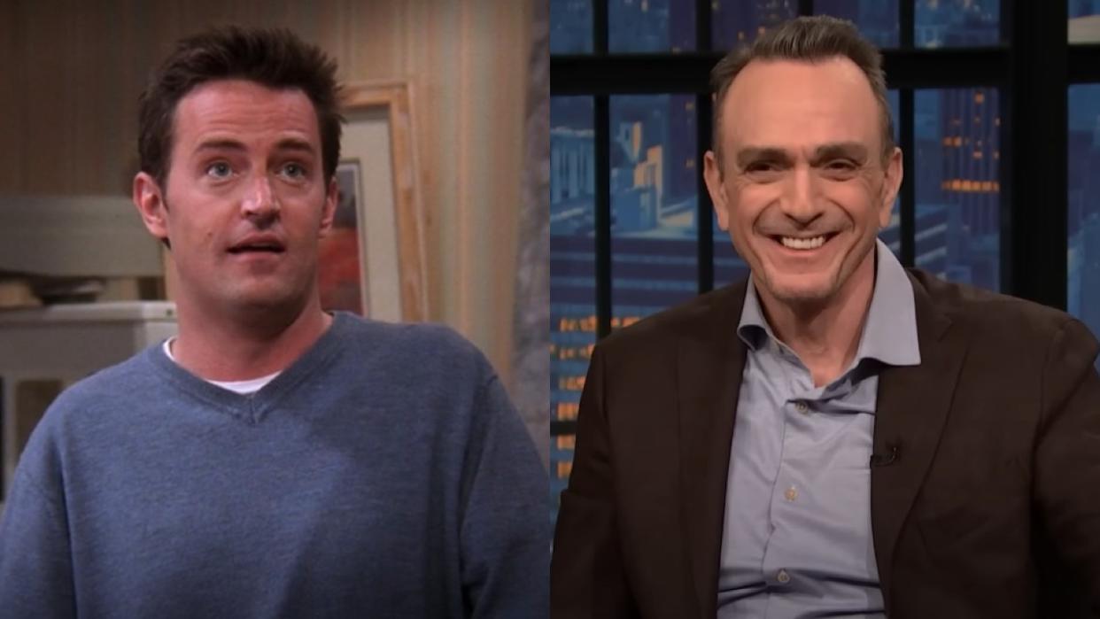  From left to right: screenshots of Matthew Perry on Friends and Hank Azaria on Late Night With Seth Meyers. 