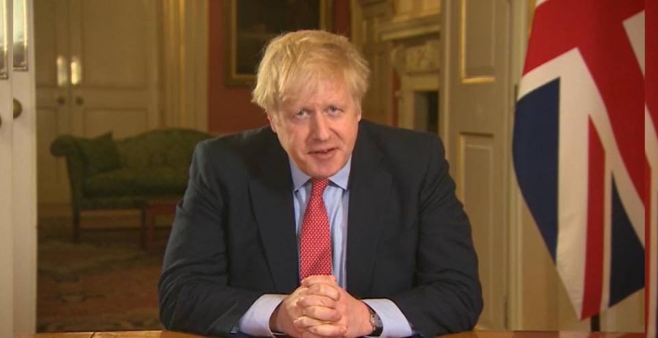 Screen grab of Prime Minister Boris Johnson addresses the nation from 10 Downing Street, London, as he placed the UK on lockdown as the Government seeks to stop the spread of coronavirus (COVID-19). (Photo by PA Video/PA Images via Getty Images)