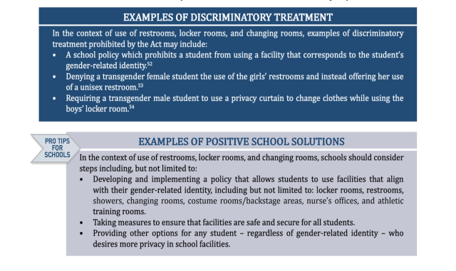 The Illinois Department of Human Rights prepared these tips as part of its 2021 “non-regulatory guidance” document for school districts writing and enforcing policies about transgender students’ bathroom access.