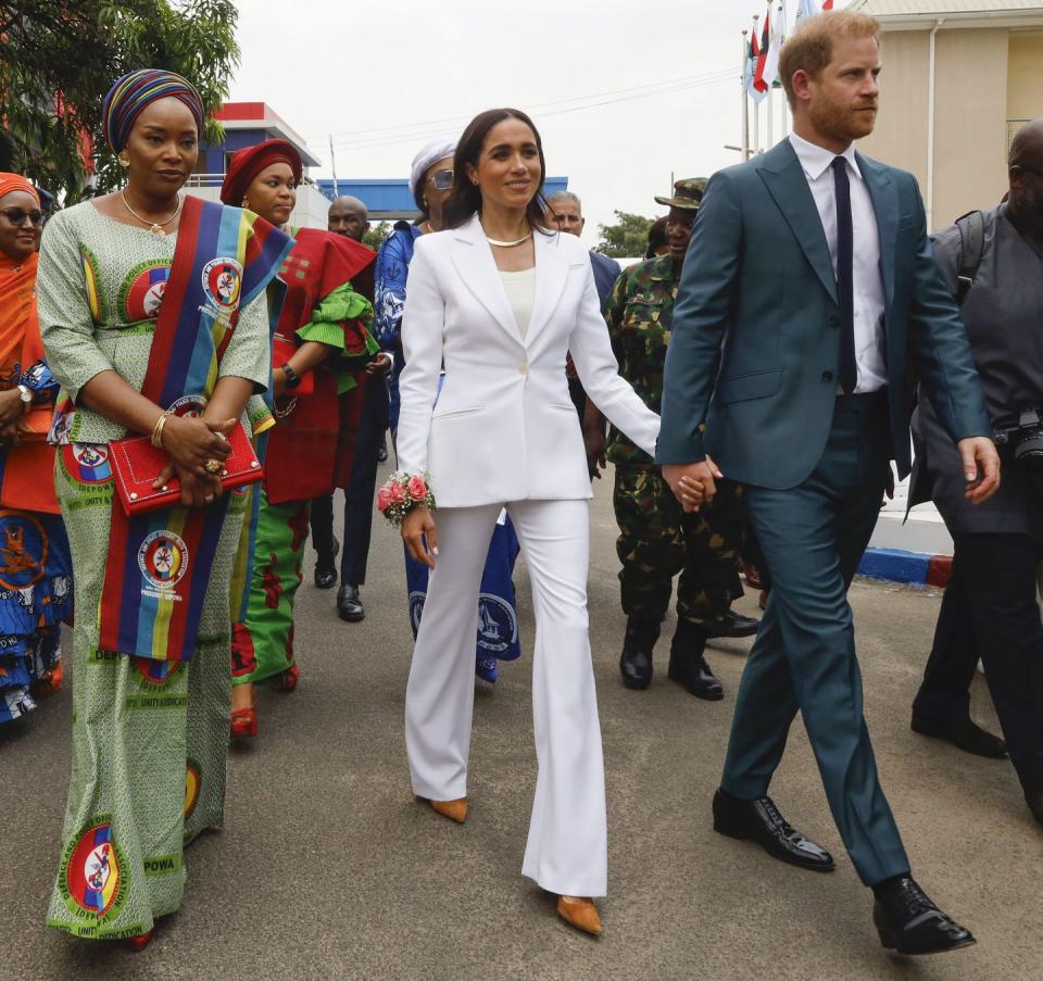 abuja, nigeria may 10 editorial use only prince harry, duke of sussex and meghan, duchess of sussex meet with the chief of defence staff of nigeria at the defence headquarters in abuja on may 10, 2024 in abuja, nigeria photo by andrew esiebogetty images for the archewell foundation