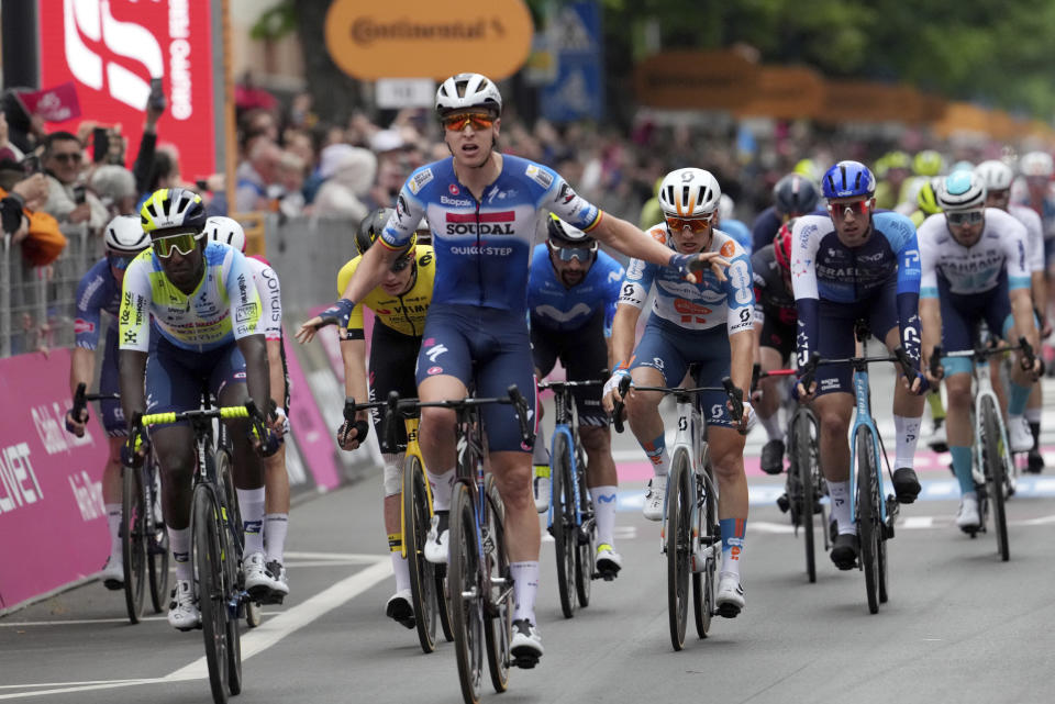 Belgium's Tim Merlier of Soudal Quick-Step team celebrates as he won the third stage of the Giro d'Italia from Novara to Fossano, Italy, May 06, 2024. (Photo by Gian Mattia D'Alberto/LaPresse via AP)