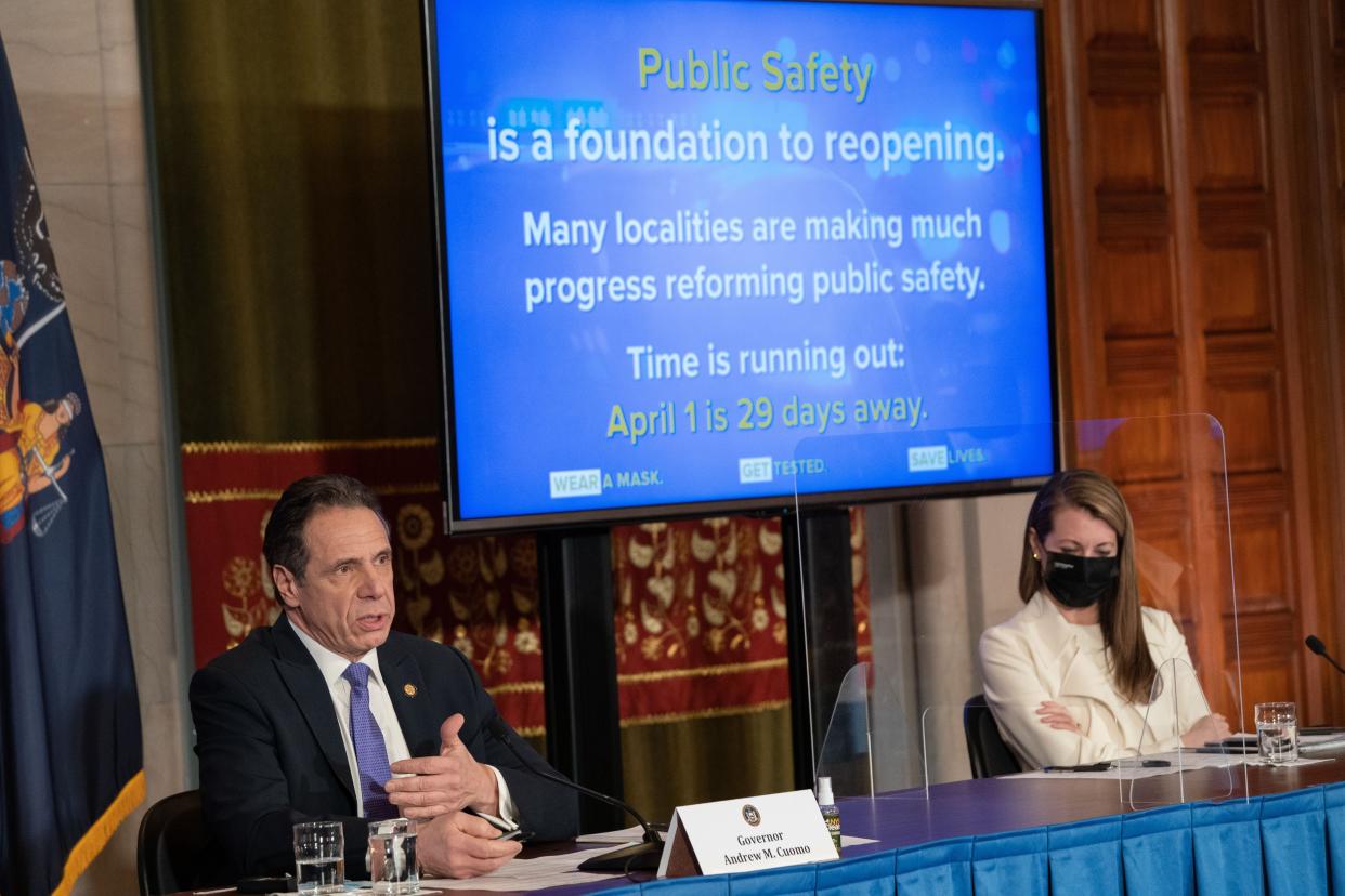 Governor Andrew Cuomo provides a coronavirus update from the Red Room at the State Capitol in Albany on Wednesday. 