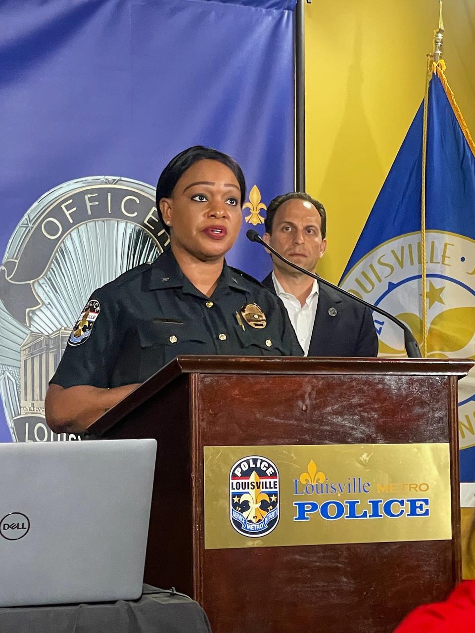 Chief of Police Jacquelyn Gwinn-Villaroel speaks at an Aug. 17, 2023, press conference about LMPD's new process for investigating after an officer shoots someone in the line of duty.