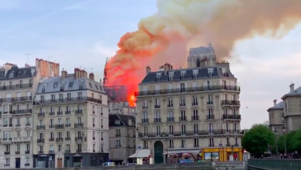 Seconds after the cathedral’s spire collapsed. Source: Twitter/ Patrick Galey