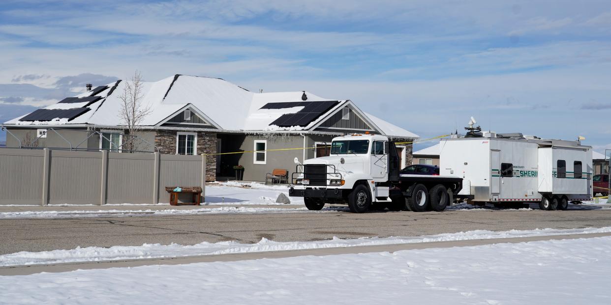 A police crime scene trailer sits outside the home of Michael Haight on January 5, 2023 in Enoch, Utah. Haight, who was 42, is accused of killing his wife, mother-in-law and his five kids that range in ages from 17 to 4 years old with a gun.