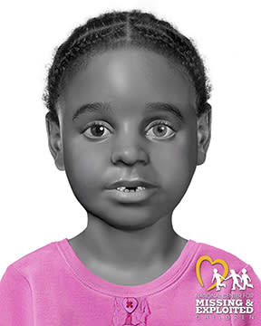 This image shows a facial reconstruction created by a forensic artist at the National Center for Missing Exploited Children of "Baby Jane Doe" in Opelika, Ala. The remains of the child were found behind a mobile home in 2012. Opelika police announced on Jan. 19, 2023 that they used genetic genealogy to identify the girl as Amore Wiggins and have arrested a man they identified as her father. (Courtesy of the National Center for Missing Exploited Children)