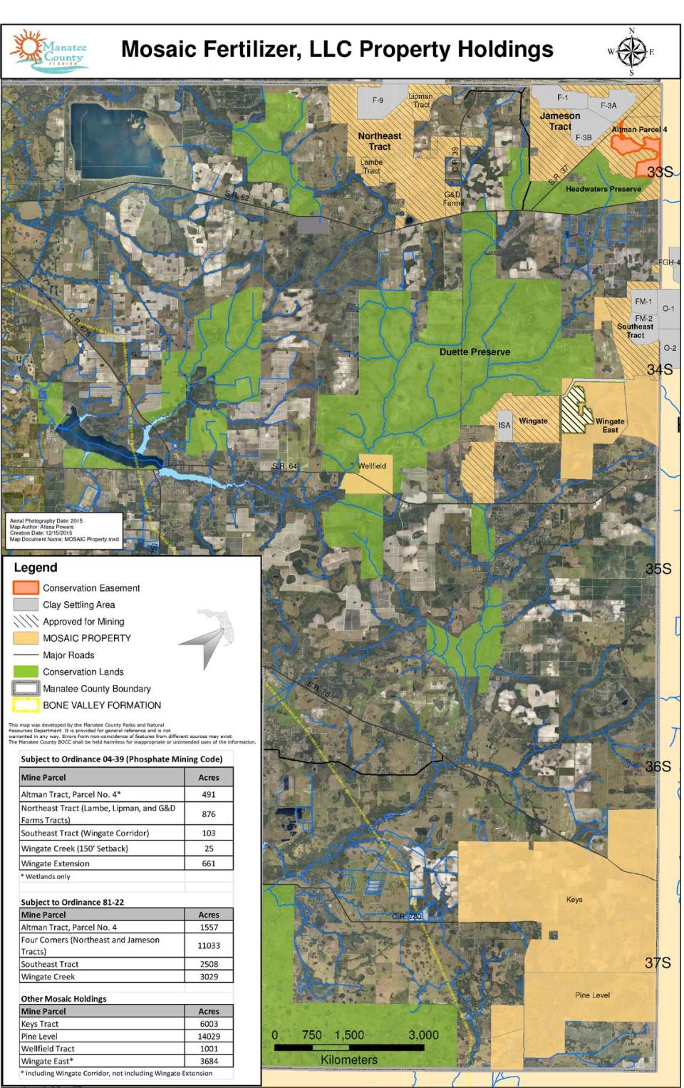 A Manatee County graphic shows the extent of Mosaic holdings in tan.