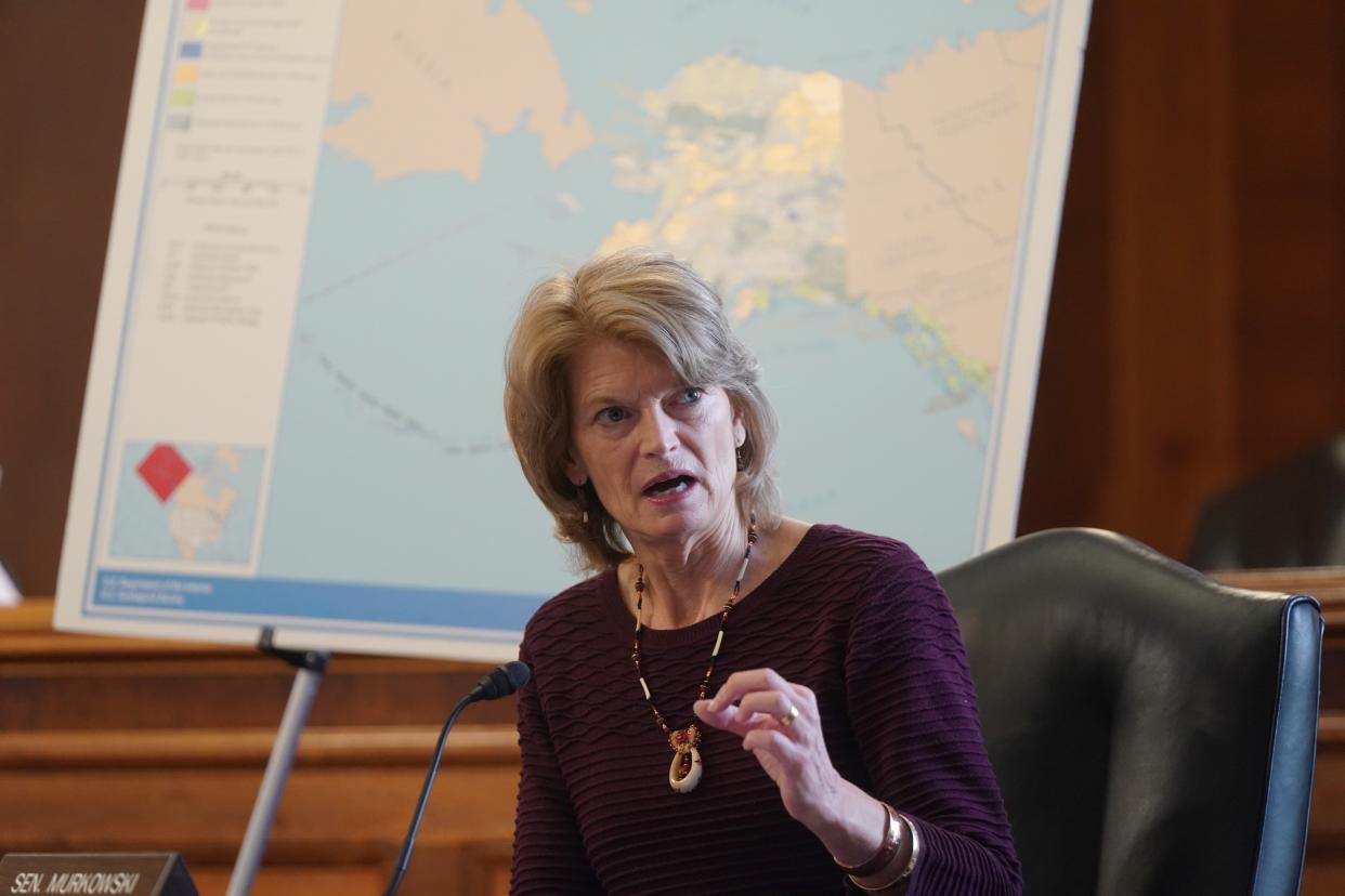 <p>Sen. Lisa Murkowski, (R-AK) questions Rep. Debra Haaland, (D-NM) President Joe Biden's nominee for Secretary of the Interior, during her confirmation hearing before the Senate Committee on Energy and Natural Resources, at the US Capitol on 24 February, 2021 in Washington, DC.</p> (Photo by Leigh Vogel-Pool/Getty Images)