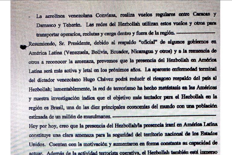 El fragmento del discurso de Roger Noriega ante el Congreso de los Estados Unidos en el que vincula a Conviasa con Hezbollah