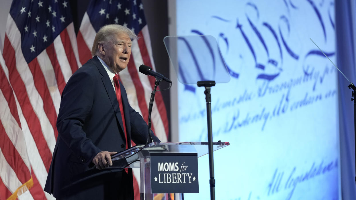 Former President Donald Trump speaks to the group Moms for Liberty.