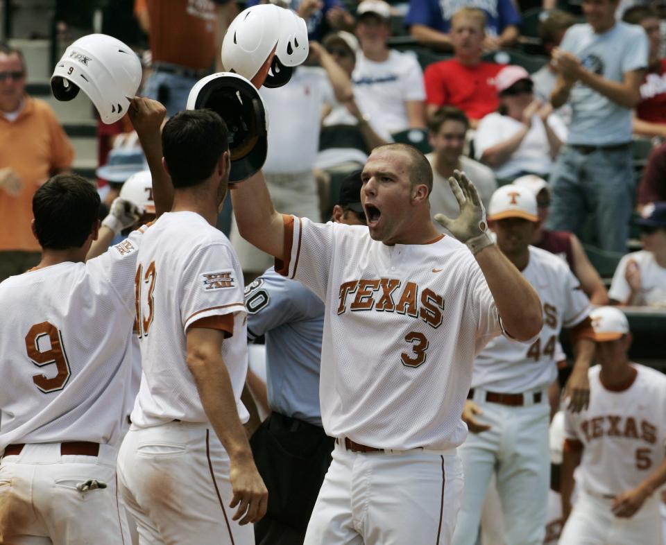 Cameron Rupp, right, celebrates his grand slam against Missouri with teammates during the 2009 Big 12 Tournament in Oklahoma City. The two-time team MVP, who was picked in the third round of the 2010 MLB draft, has returned to Texas as a student assistant coach.