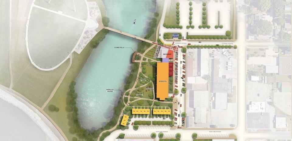 A possible concept for the Des Moines Cold Storage site at 2814 Seventh St. includes a restaurant, dog park, three retail storefronts and apartments.