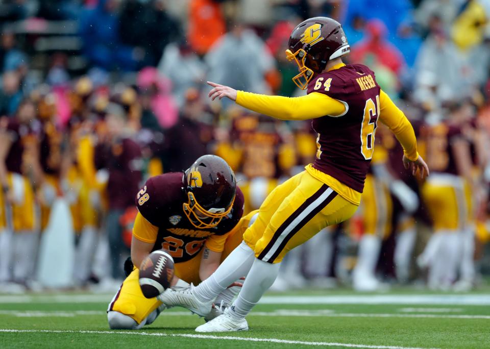 Central Michigan kicker Marshall Meeder kicks for a field goal against Washington State during the first half of the Sun Bowl in El Paso, Texas, on Friday, Dec. 31, 2021.