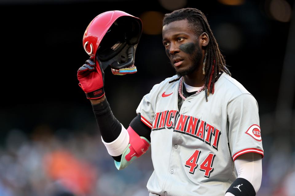 Elly De La Cruz, here reacting to a strikeout against Mariners starter Logan Gilbert, was on base three times with a single and two walks but never scored a run. The Reds were limited to four hits for the second time in the past four games.