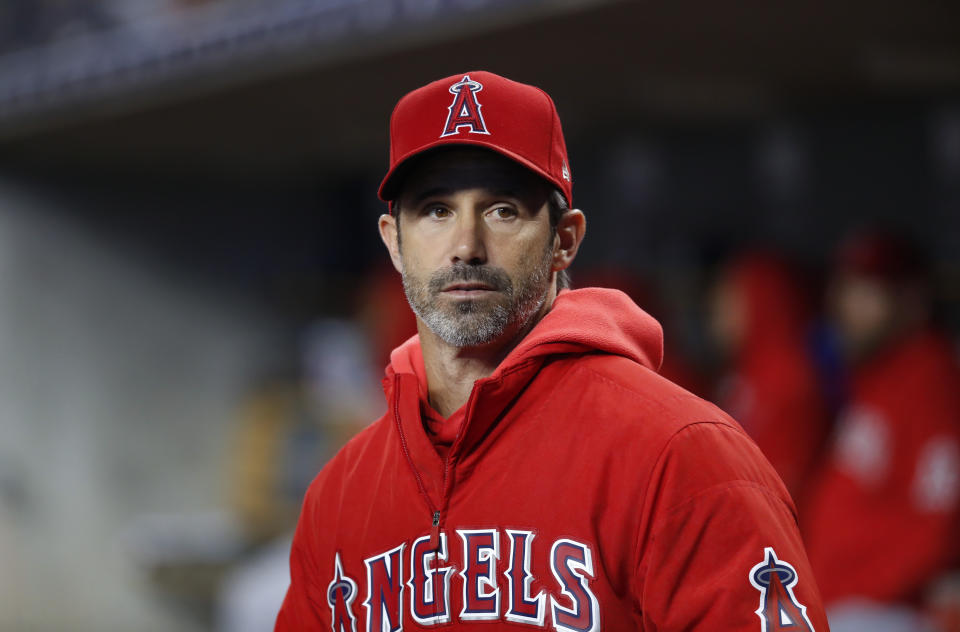 Los Angeles Angels manager Brad Ausmus watches the sixth inning of the team's baseball game against the Detroit Tigers in Detroit, Tuesday, May 7, 2019. (AP Photo/Paul Sancya)