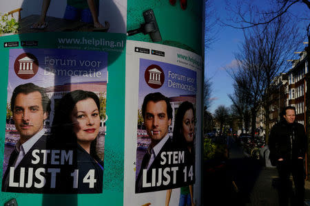 Thierry Baudet (Forum for Democracy) campaign posters are seen during the local council election in Amsterdam, the Netherlands March 21, 2018. REUTERS/Cris Toala Olivares