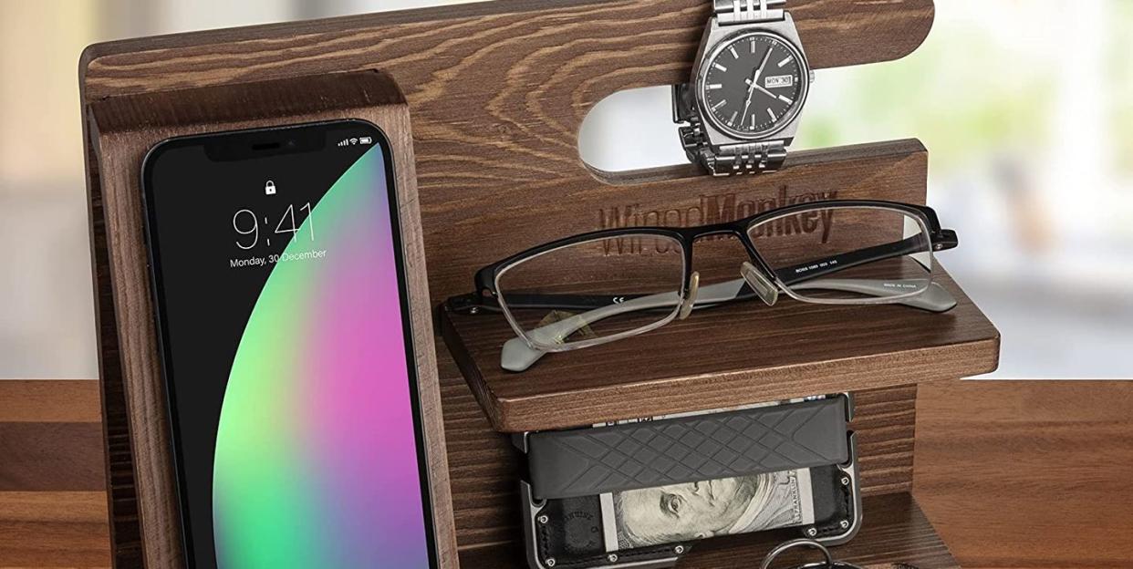 wooden night stand organizer with spot for phone glasses watch and more