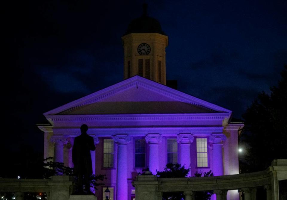 The Centre County Courthouse was illuminated with purple lights on Wednesday, Aug. 30, 2023 to remember those who have died from drug overdose.