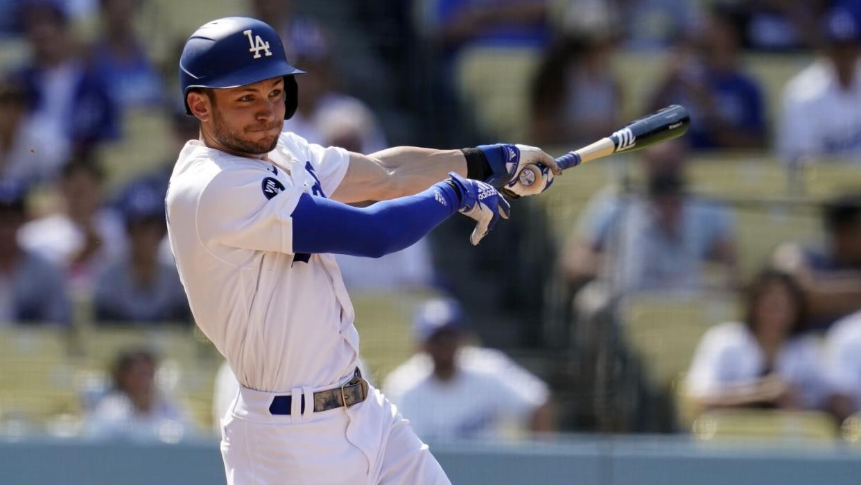 Dodgers shortstop Trea Turner hits against the San Francisco Giants on Sept. 7.