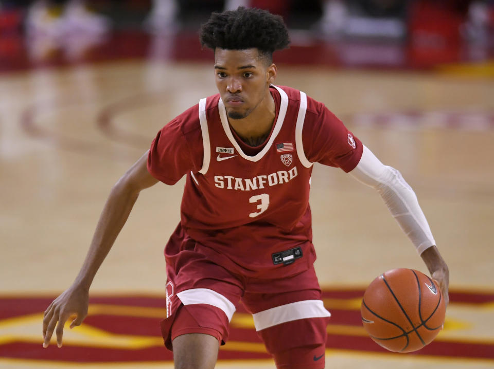 LOS ANGELES, CA - MARCH 03: Ziaire Williams #3 of the Stanford Cardinal plays the USC Trojans at Galen Center on March 3, 2021 in Los Angeles, California. (Photo by John McCoy/Getty Images)