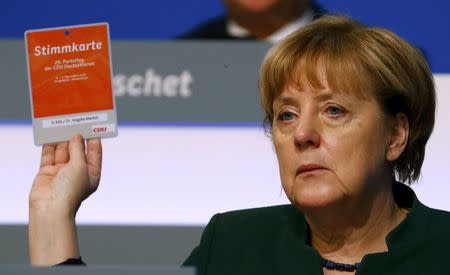 German Chancellor and leader of the conservative Christian Democratic Union party CDU Angela Merkel votes during the CDU party convention in Essen, Germany, December 7, 2016. REUTERS/Wolfgang Rattay