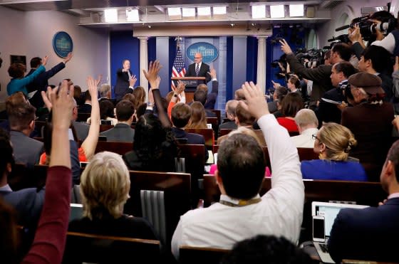 McMaster at the briefing-room podium, defending Trump’s decision to share intelligence with Russia