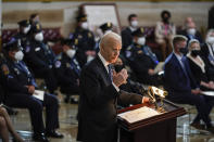 President Joe Biden speaks during a ceremony to honor slain U.S. Capitol Police officer William "Billy" Evans as he lies in honor at the Capitol in Washington, Tuesday, April 13, 2021. (AP Photo/J. Scott Applewhite, Pool)