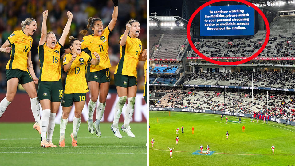 Matildas players celebrate alongside a photo of the big screen at the MCG.