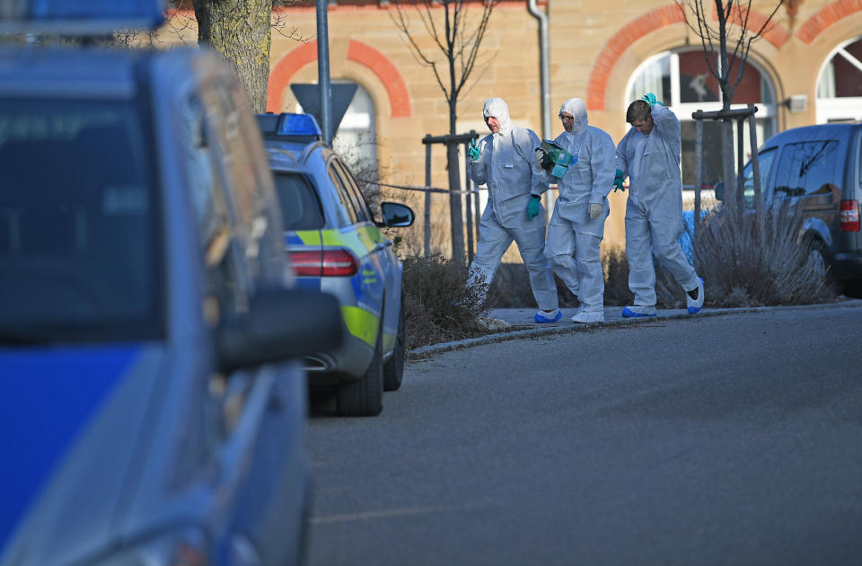 24 January 2020, Baden-Wuerttemberg, Rot Am See: After shots were fired in Rot am See in northeastern Baden-Wuerttemberg, police forensics staff are standing by a house. Several people are said to have been killed here. A suspect has been arrested, the police said. Photo: Sebastian Gollnow/dpa (Photo by Sebastian Gollnow/picture alliance via Getty Images)