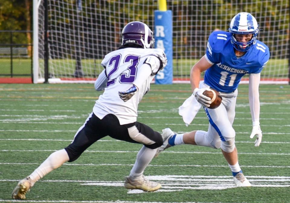 Kennebunk's Max Andrews tries to get past a Gorham defender in this year's season-opening game. Kennebunk is off to a 5-0 start and will host Sanford on Saturday.