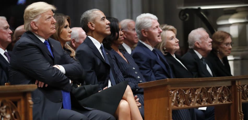 Donald Trump sits with former presidents at George H.W. Bush's funeral.