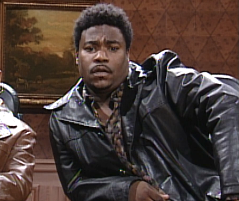 closeup of tracy in a leather jacket for a skit