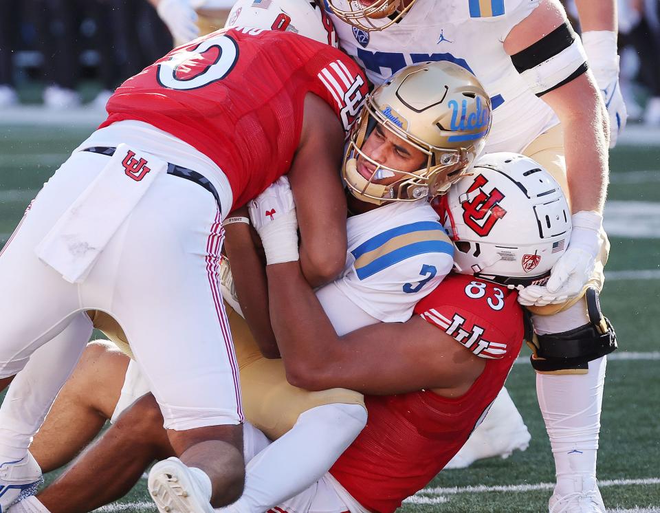 Utah Utes defensive end Jonah Elliss (83) sacks UCLA quarterback Dante Moore (3) at the end of the game in Salt Lake City on Saturday, Sept. 23, 2023. Utah won 14-7. | Jeffrey D. Allred, Deseret News