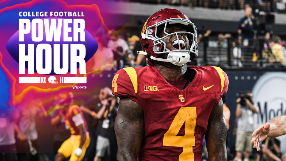 USC RB Woody Marks celebrates USC's win over LSU in the final minutes of their Top 25 game in Las Vegas. (Photo by Candice Ward/Getty Images)