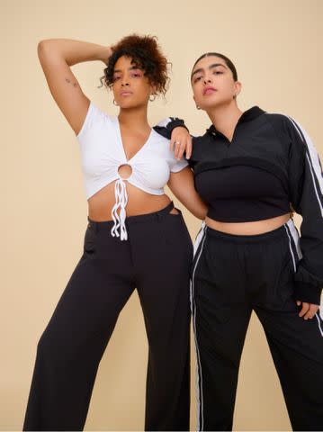 <p>Ruo Bing Li</p> Left: Alo top and trousers. Vintage earrings. Right: Alo shrug and pants. Girlfriend collective sports bra. Mejuri ring. Lottie earrings.