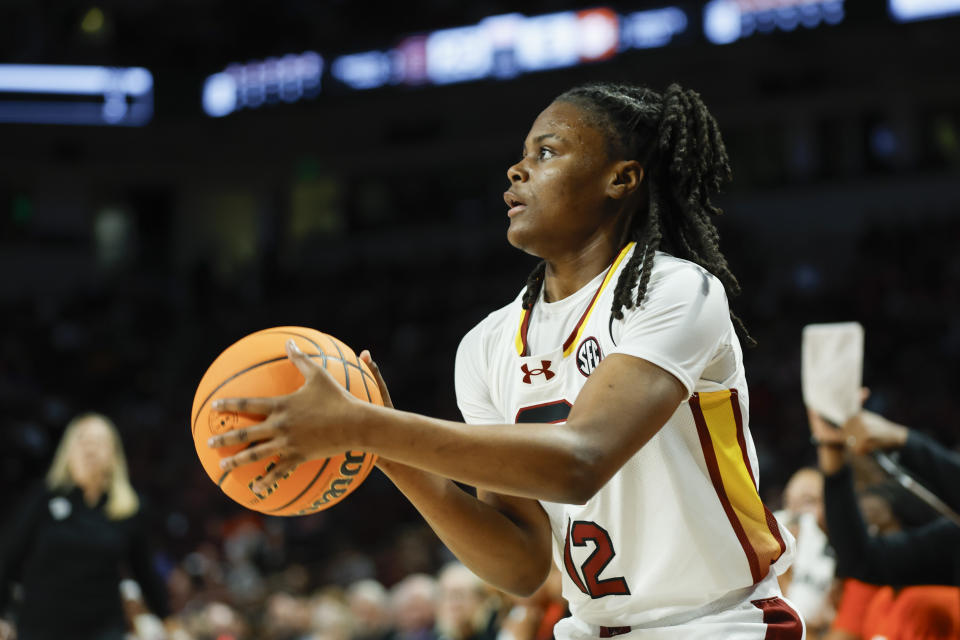 South Carolina guard MiLaysia Fulwiley shoots against Clemson during the first half of an NCAA college basketball game in Columbia, S.C., Thursday, Nov. 16, 2023. (AP Photo/Nell Redmond)