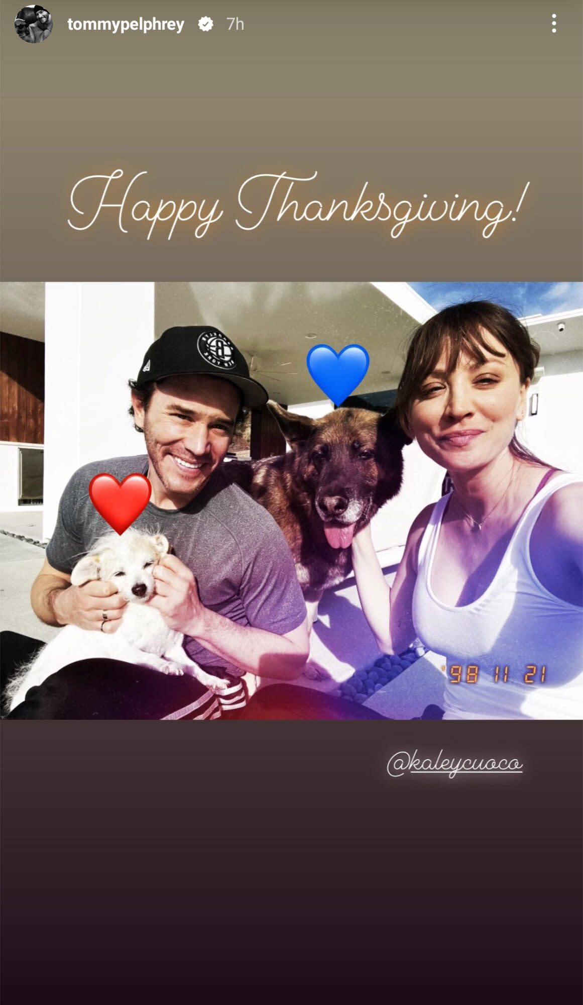 Pregnant Kaley Cuoco Poses with Tom Pelphrey and Their Dogs on Thanksgiving