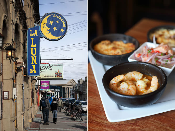 Drop by La Luna — visible from the street thanks to its crescent and stars logo – and enjoy Chilean delights such as spicy baked shrimps (front) and ceviche (centre).