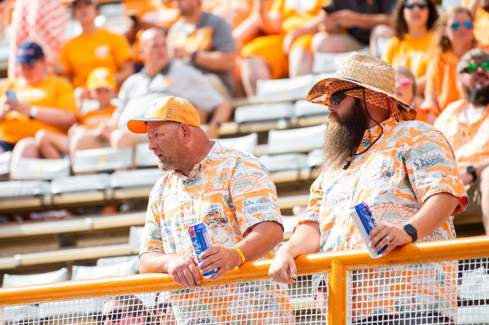 During Tennessee football's home opener against Austin Peay, two Vols fans each enjoy a beer purchase inside Neyland Stadium,  one year after three underage sales nearly caused alcohol to be removed from concession stands. As part of an agreement between the city of Knoxville and the beer vendor, Aramark, all IDs must be checked by an employee and scanned.