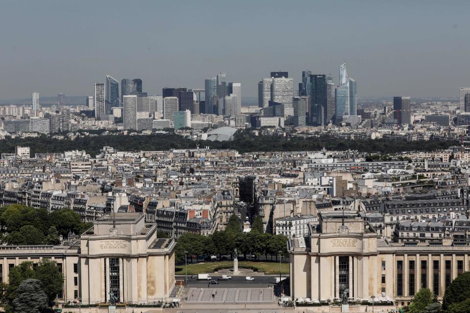 A view of the Place du Trocadero (forground) and La Defence skyline seen from the Eiffel Tower during its partial reopening on June 25, 2020, in Paris, as France eases lockdown measures taken to curb the spread of the COVID-19 caused by the novel coronavirus. - Tourists and Parisians will again be able to admire the view of the French capital from the Eiffel Tower after a three-month closure due to the coronavirus -- but only if they take the stairs. (Photo by Thomas SAMSON / AFP) (Photo by THOMAS SAMSON/AFP via Getty Images)