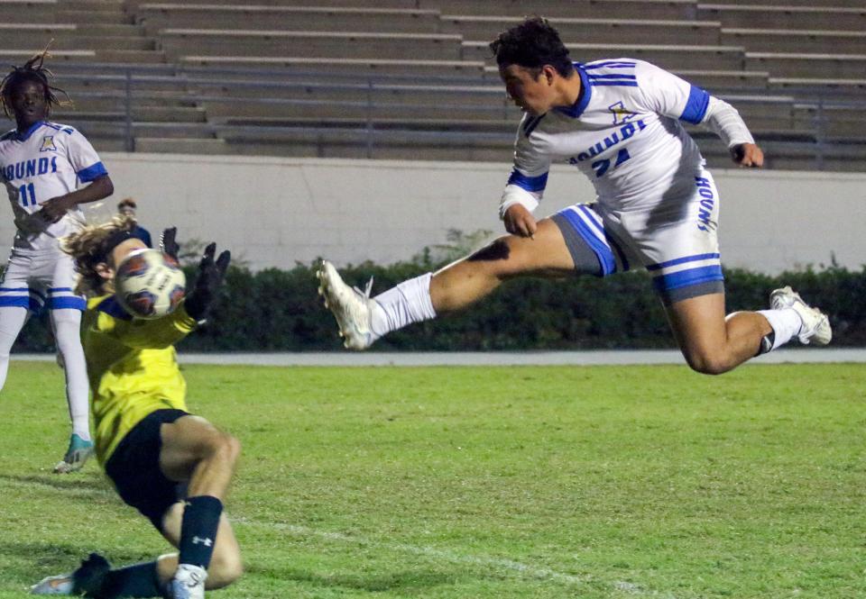 Auburndale senior Davian Mata takes a shot as Winter Haven goalkeeper George Nolan comes up with the save on Wednesday night at Denison Stadium.