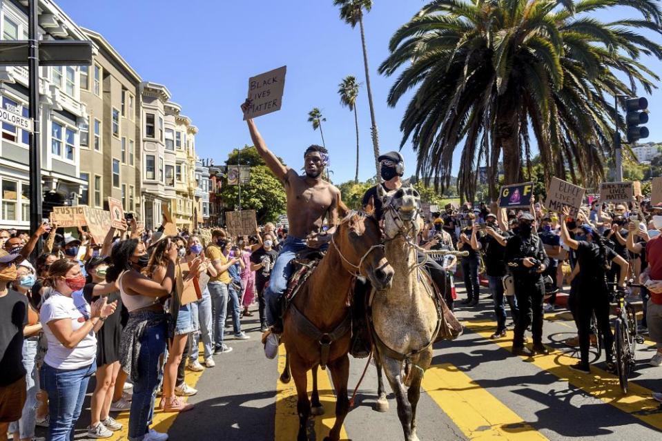 Protesters gathered near Dolores Park in San Francisco on Wednesday.