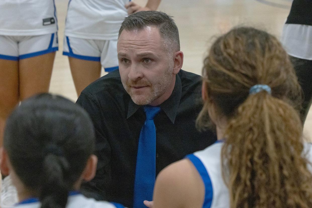 Shore Regional Coach William Wishart takes to his team during a time out. Shore Regional Girls Basketball vs University for NJSIAA Group 1 Title inToms River, NJ on March 10, 2024.