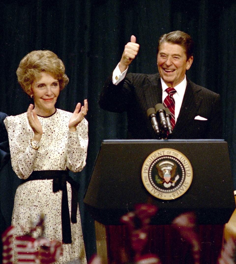 President Ronald Reagan and first lady Nancy Reagan celebrate his reelection in 1984 in Los Angeles.