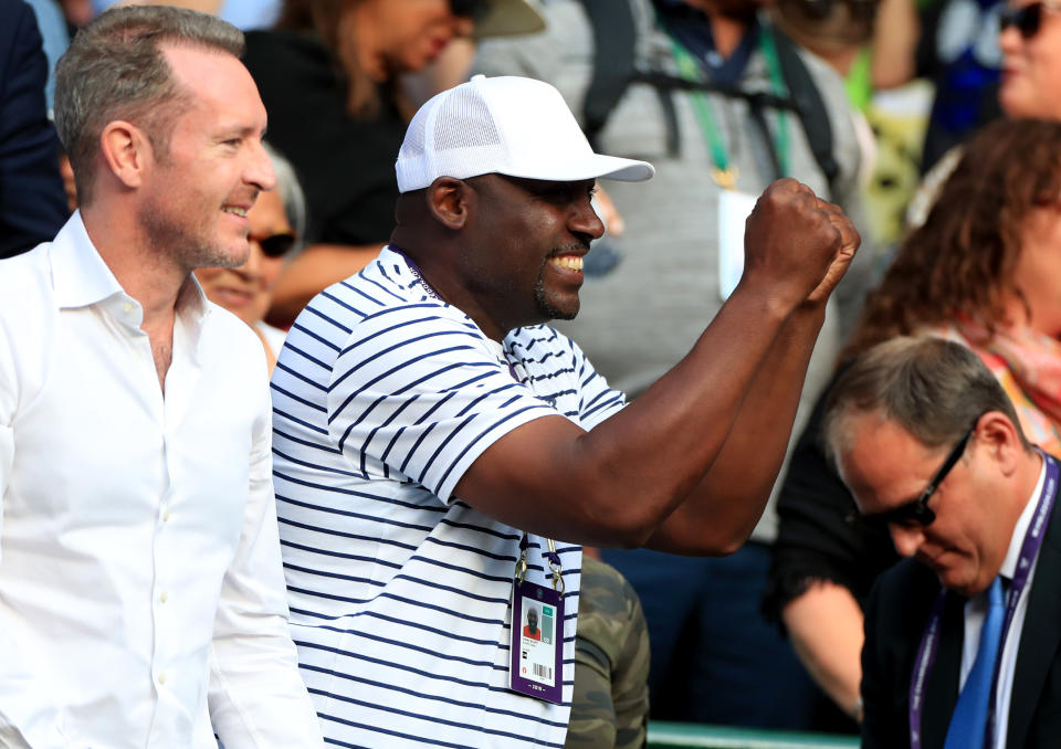 Corey Gauff, father of Cori Gauff celebrates his daughter's victory over Venus Williams on day one of the Wimbledon Championships at the All England Lawn Tennis and Croquet Club, Wimbledon.