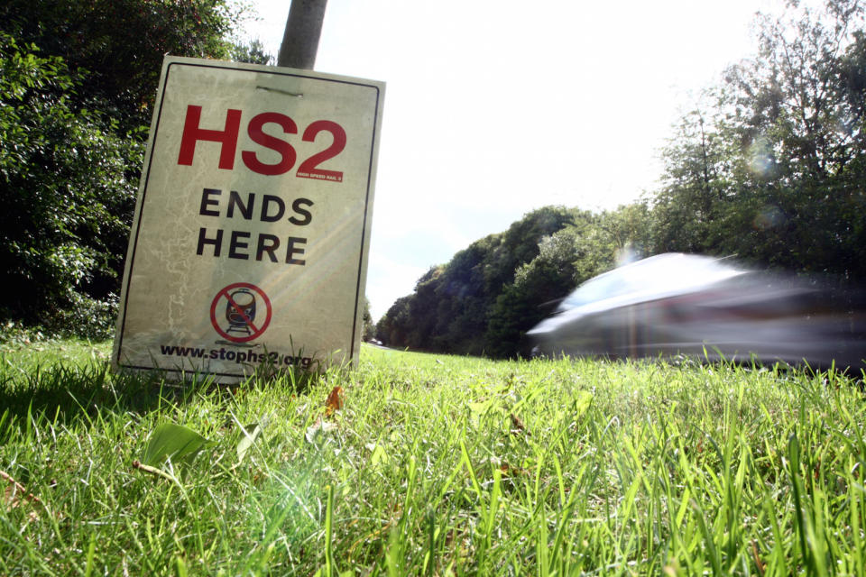 Stop the HS2 signs in the village of Wendover, Buckinghamshire as the local residents oppose the new rail link (Picture: PA)