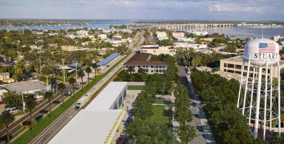 This artist's rendition contained in a joint plan from the city of Stuart and Martin County shows a proposed Brightline station at 500 SE Flagler Ave., Stuart