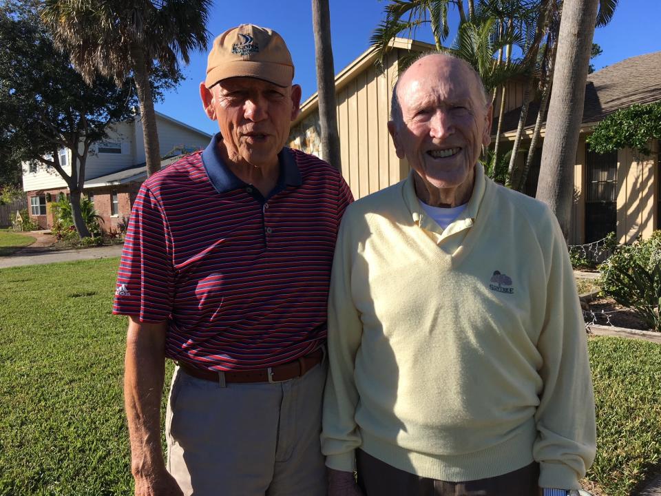 Two former Satellite High head coaches (and Brevard County legends), Travis Akin, right, and Frank Guertin in Dec. 2018.