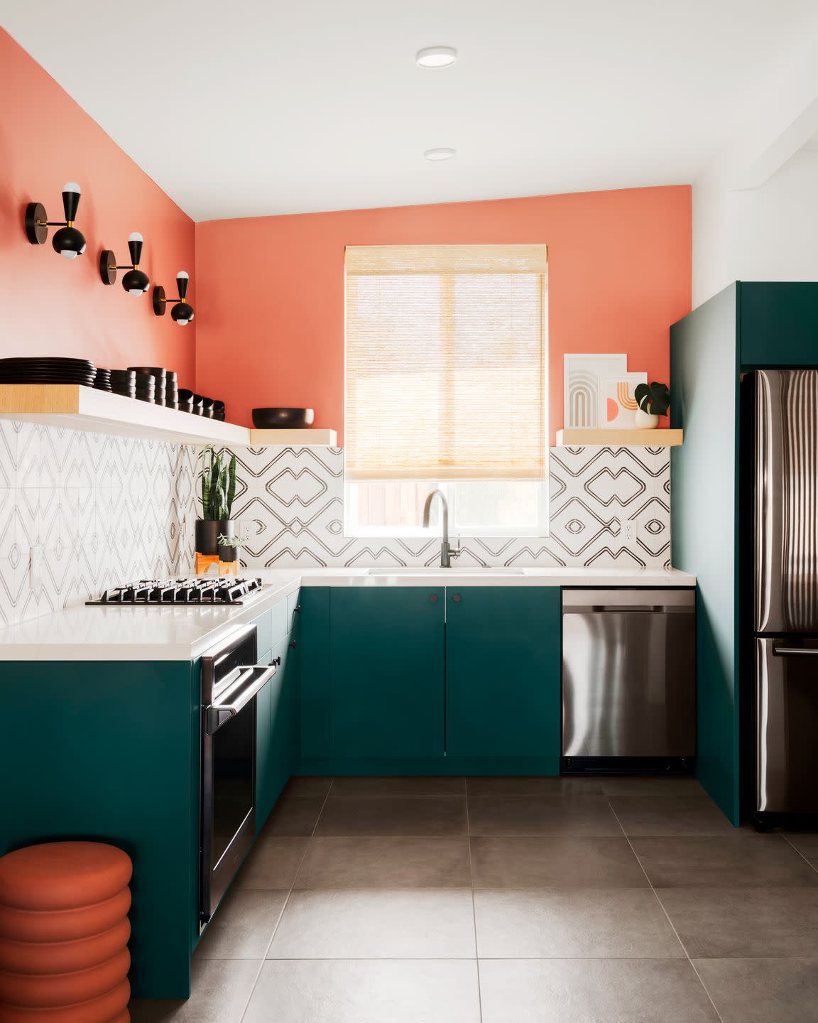 open kitchen shelving ideas, patterned backsplash floating wood shelves, terra cotta colored upper walls, cabinets painted in dunn edwards's ecological green